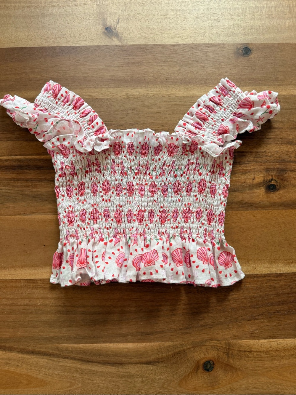 Hill House Pink Shell-Print Smocked Ruffle Crop Top